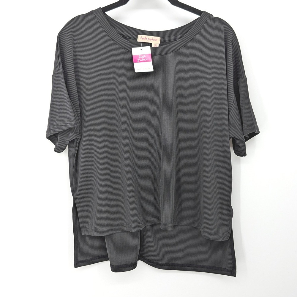 Fresh Produce T-Shirt Women Small Black Ribbed Hi-Low Short Sleeve Oversized NWT